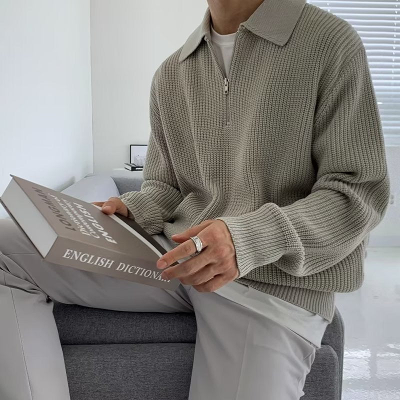 Men's ribbed half-zip sweater with pointed collar in grey and black options