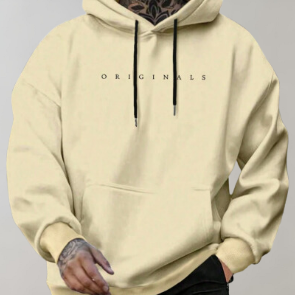 Oversized hooded sweatshirt with chest text and kangaroo pocket