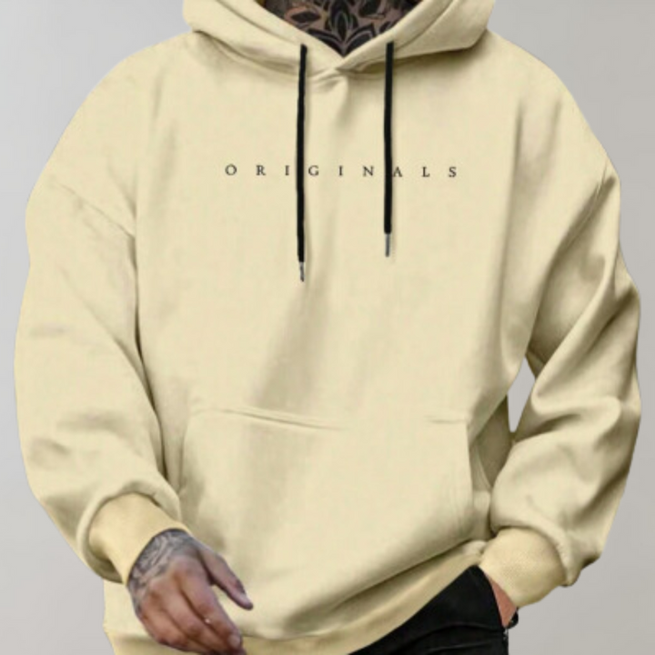 Oversized hooded sweatshirt with chest text and kangaroo pocket