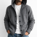 Men's hooded rib knit cardigan with button front and patch pockets