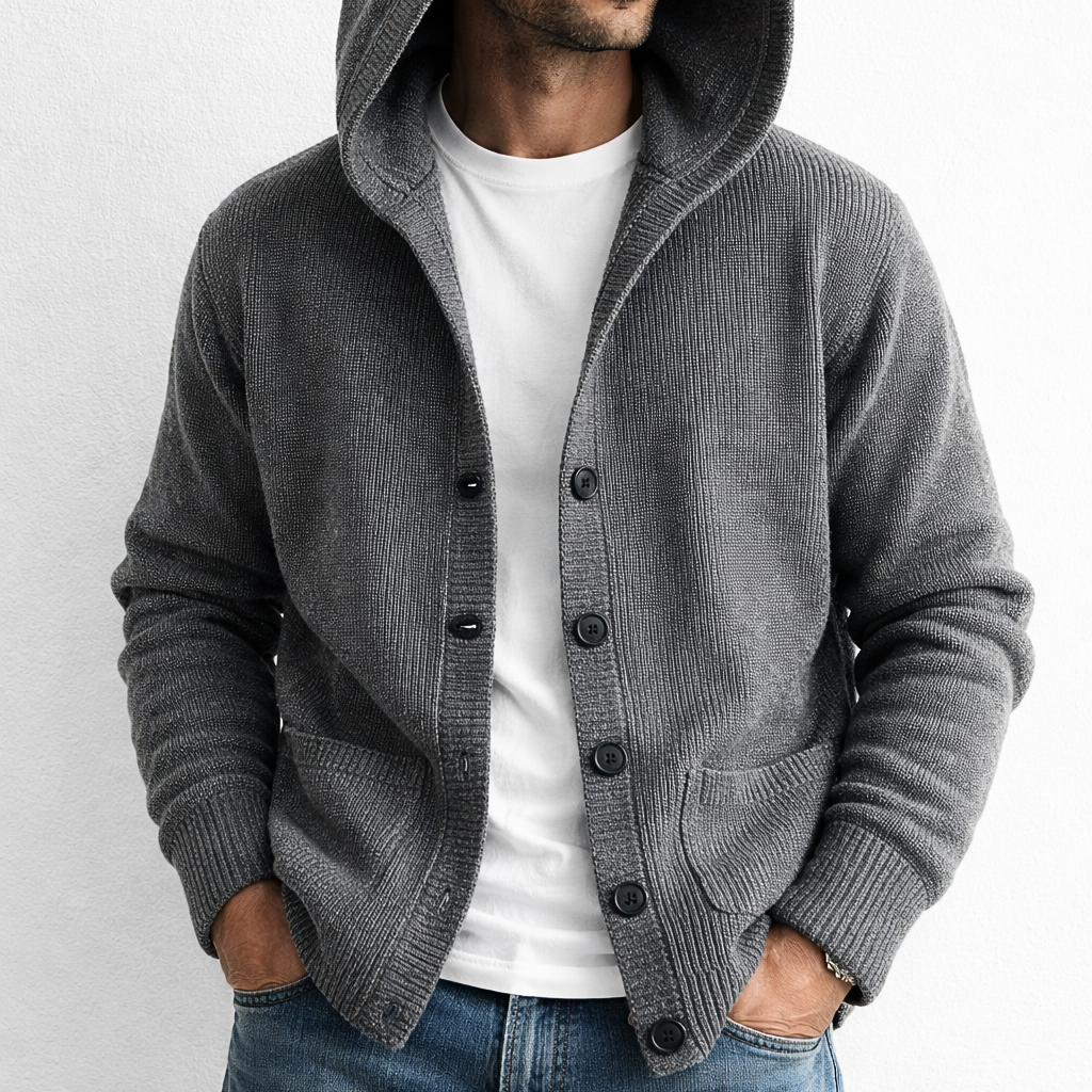 Men's hooded rib knit cardigan with button front and patch pockets