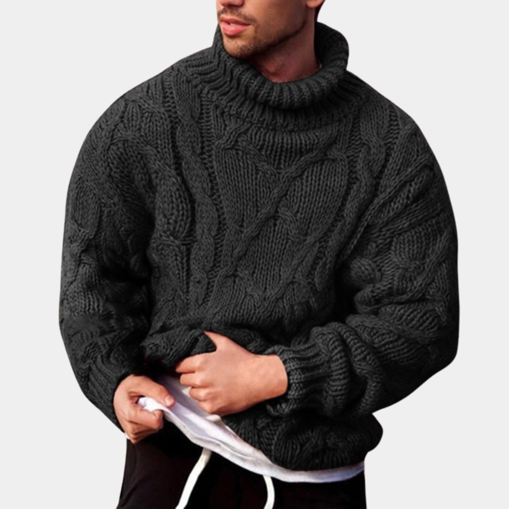 Men's textured cable knit turtleneck jumper with long sleeves