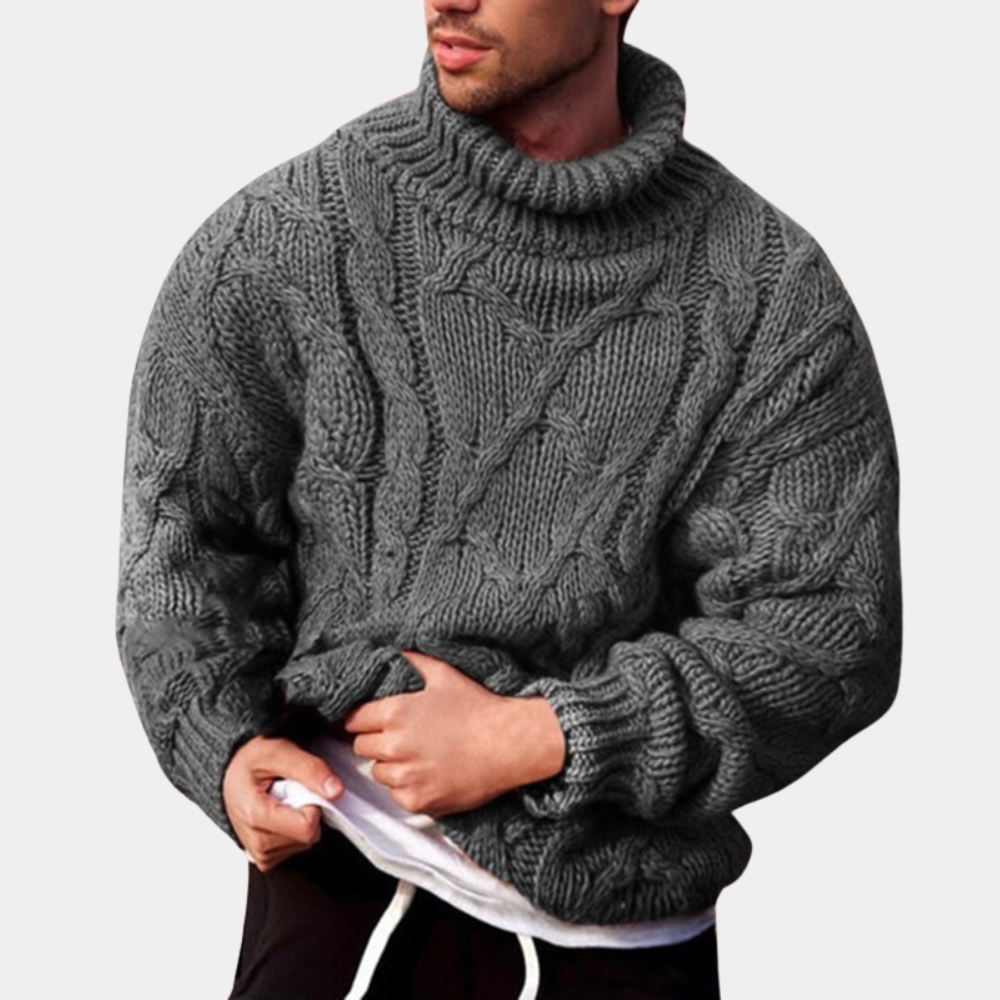 Men's textured cable knit turtleneck jumper with long sleeves