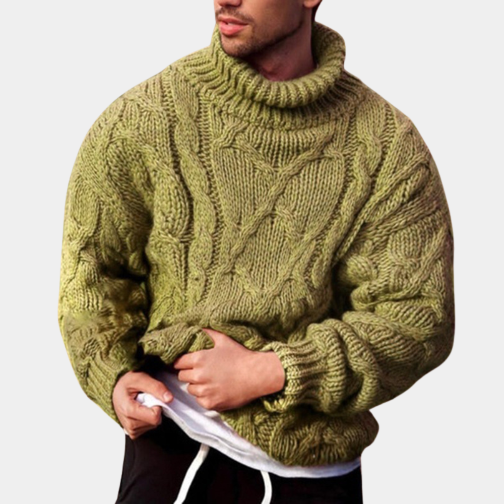 Men's textured cable knit turtleneck jumper with long sleeves