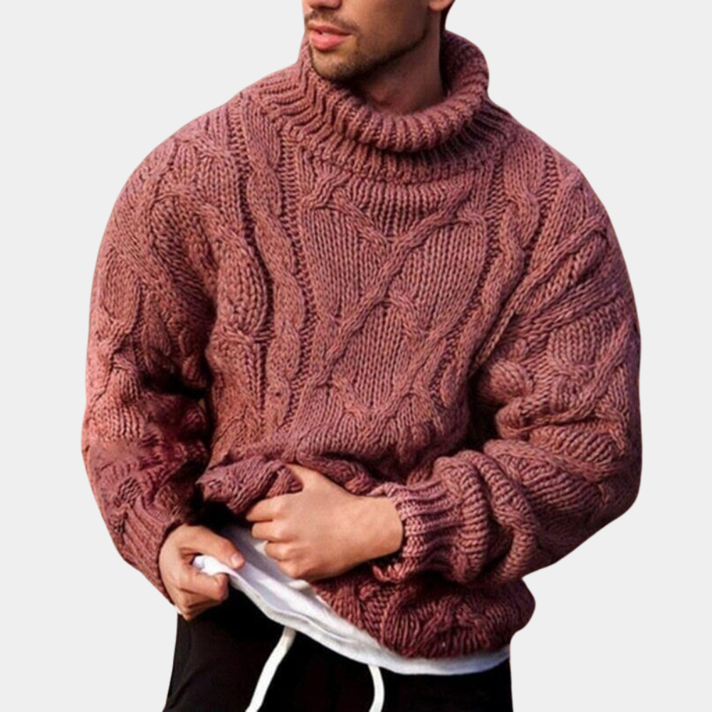 Men's textured cable knit turtleneck jumper with long sleeves