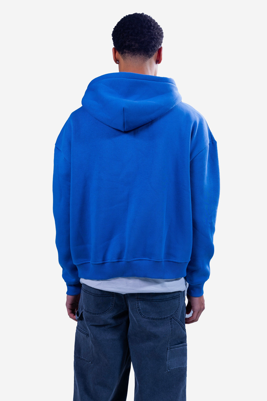 Men's blue zip-up hoodie with white chest text and front pouch pockets