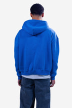 Men's blue zip-up hoodie with white chest text and front pouch pockets