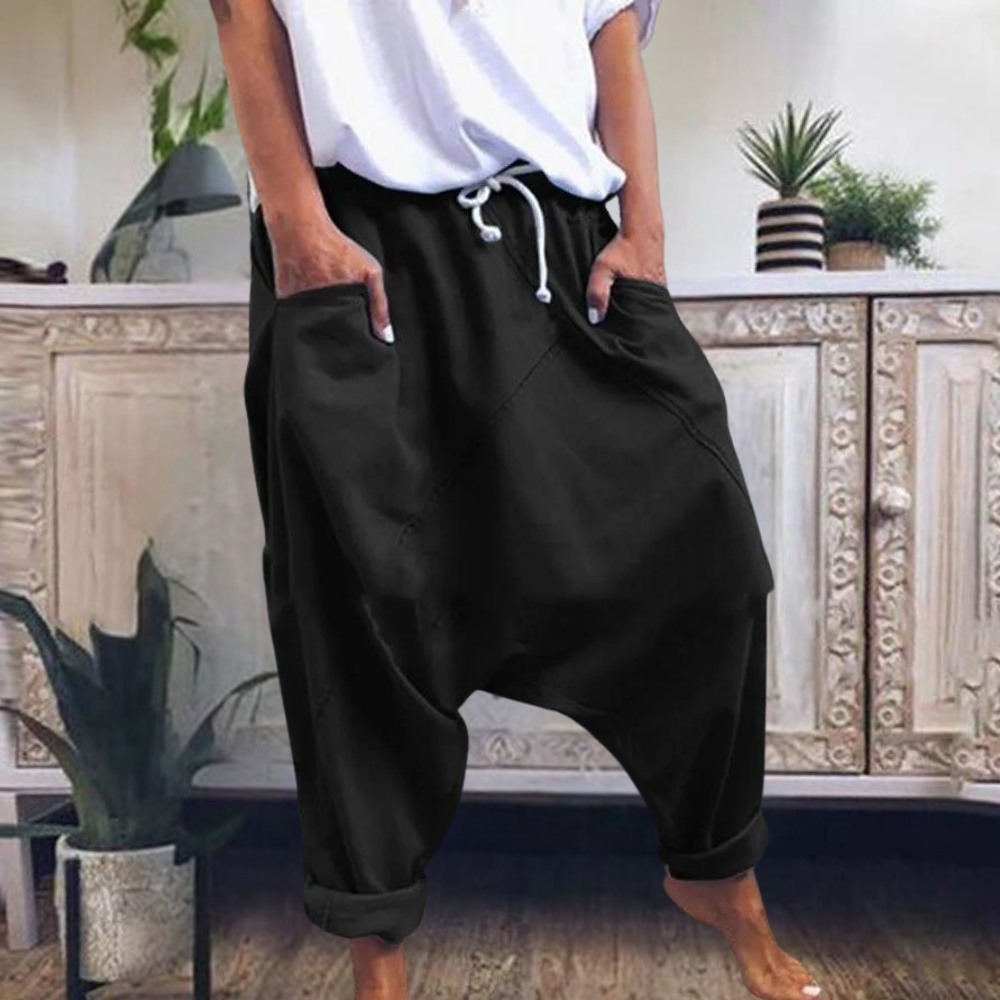 Low crotch jogger trousers with drawstring waist and cuffed hems