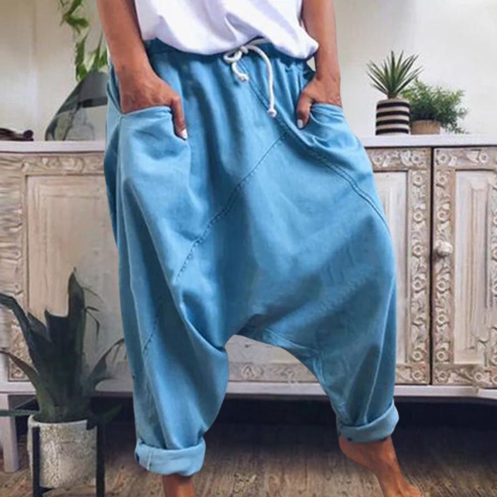 Low crotch jogger trousers with drawstring waist and cuffed hems