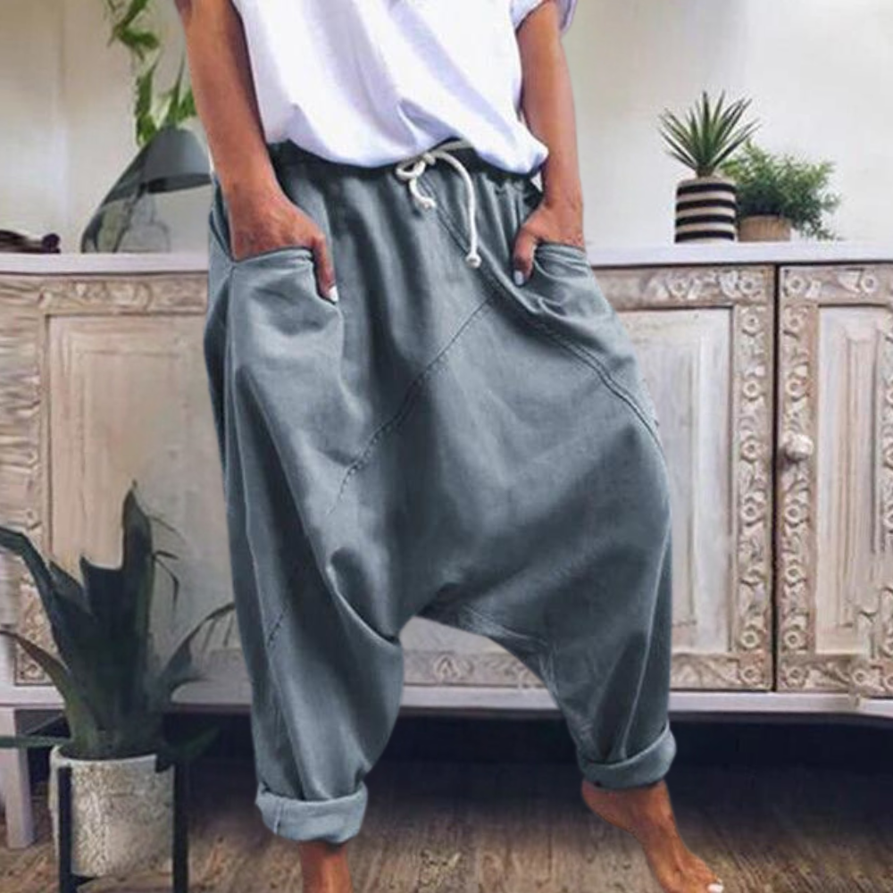 Low crotch jogger trousers with drawstring waist and cuffed hems