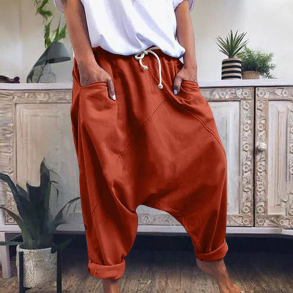 Low crotch jogger trousers with drawstring waist and cuffed hems