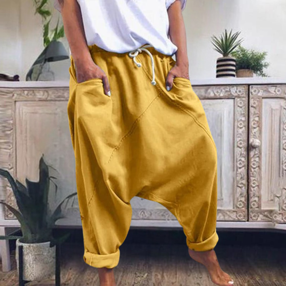 Low crotch jogger trousers with drawstring waist and cuffed hems