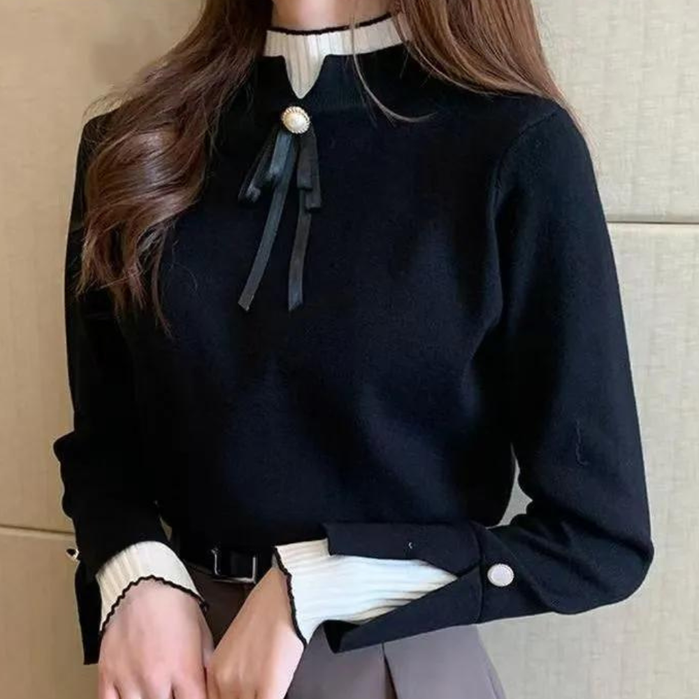 Women's mock neck sweater with long sleeves, ribbed trims and ribbon neckline detail