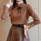 Women's mock neck sweater with long sleeves, ribbed trims and ribbon neckline detail