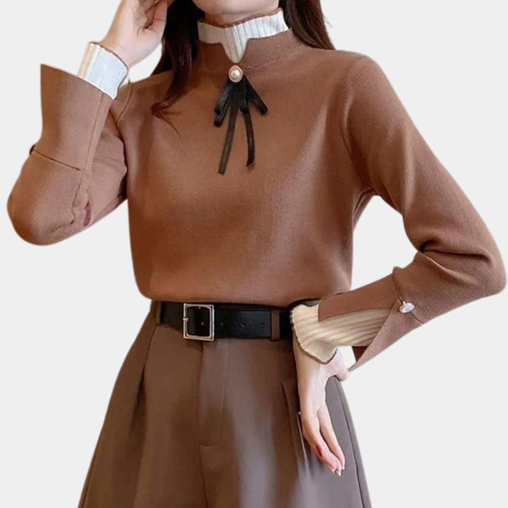 Women's mock neck sweater with long sleeves, ribbed trims and ribbon neckline detail