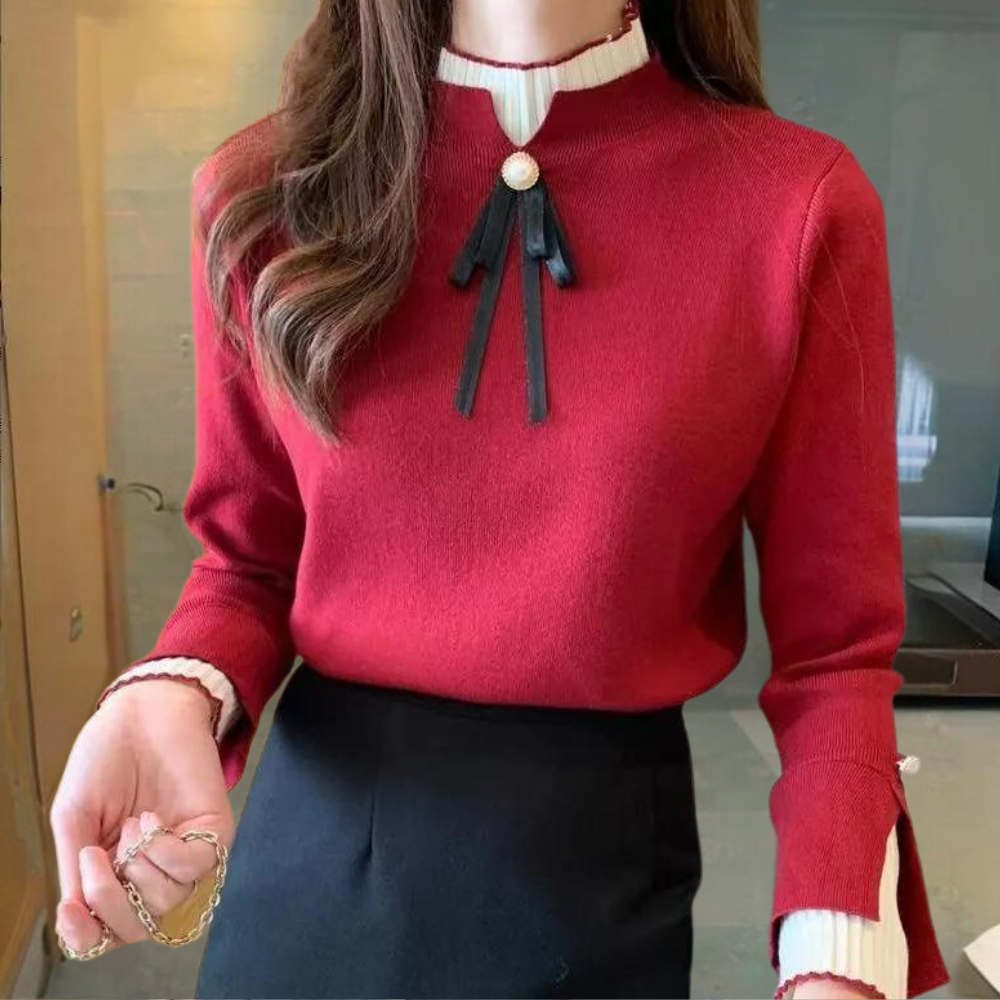 Women's mock neck sweater with long sleeves, ribbed trims and ribbon neckline detail