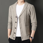 Men's textured cable knit cardigan with shawl collar and button front
