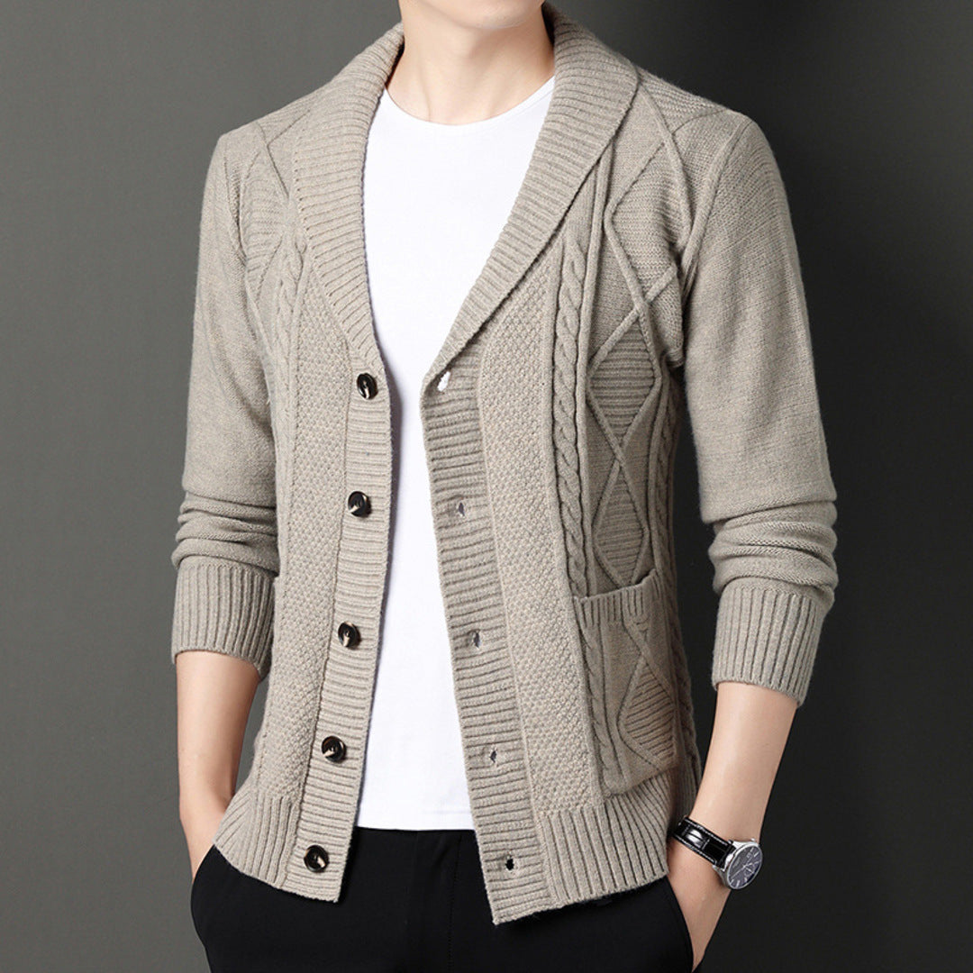 Men's textured cable knit cardigan with shawl collar and button front