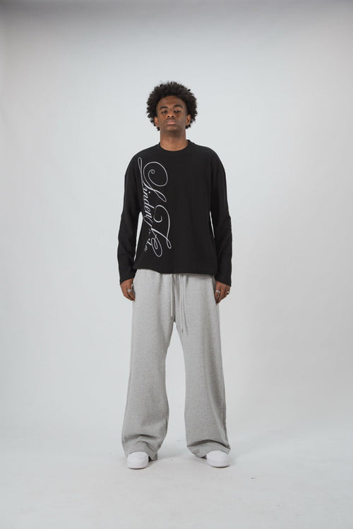 Black men's waffle sweatshirt with vertical script graphic