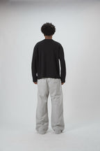 Black men's waffle sweatshirt with vertical script graphic