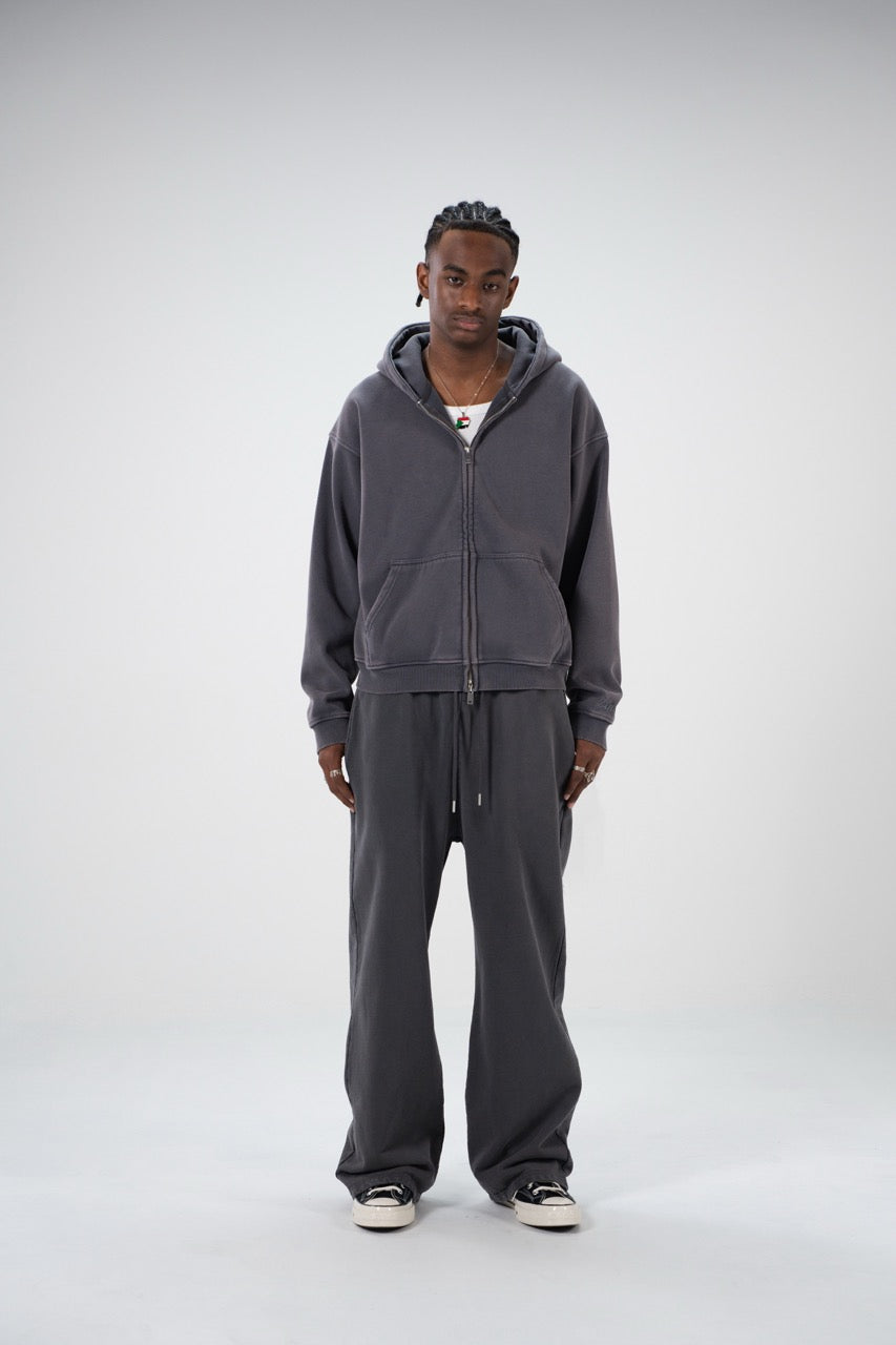 Charcoal unisex zip hoodie with drawstring hood and front pockets
