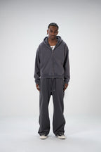 Charcoal unisex zip hoodie with drawstring hood and front pockets