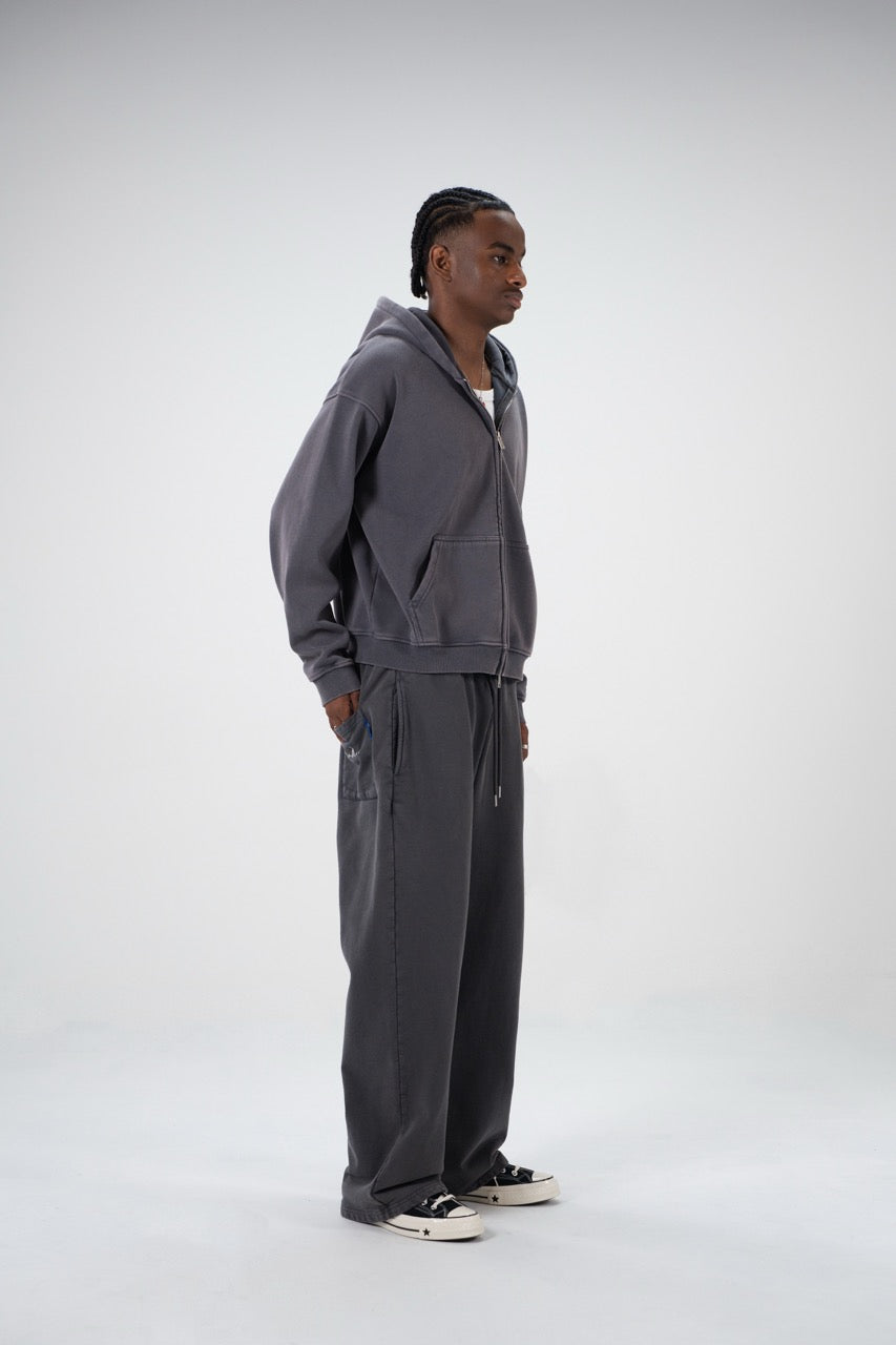 Charcoal unisex zip hoodie with drawstring hood and front pockets