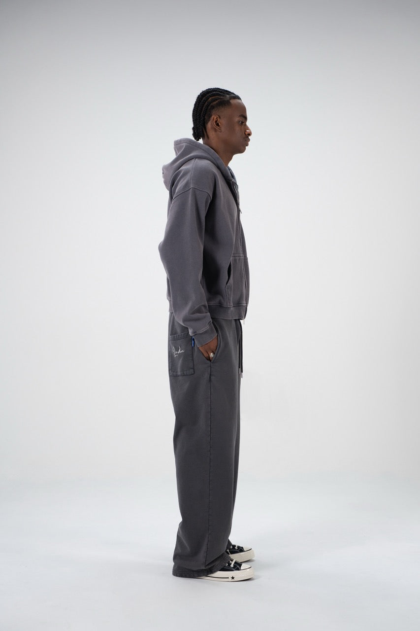 Charcoal unisex zip hoodie with drawstring hood and front pockets