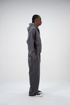 Charcoal unisex zip hoodie with drawstring hood and front pockets