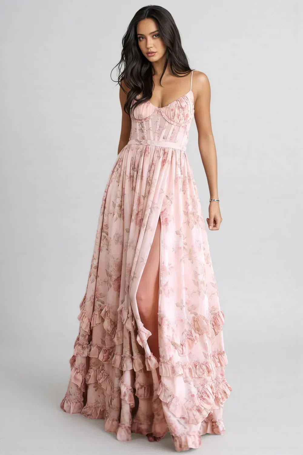 Floral maxi dress with sweetheart neckline, spaghetti straps and ruffled split skirt