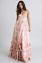 Floral maxi dress with sweetheart neckline, spaghetti straps and ruffled split skirt