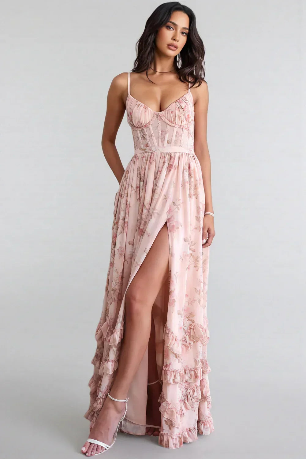 Floral maxi dress with sweetheart neckline, spaghetti straps and ruffled split skirt