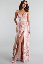 Floral maxi dress with sweetheart neckline, spaghetti straps and ruffled split skirt