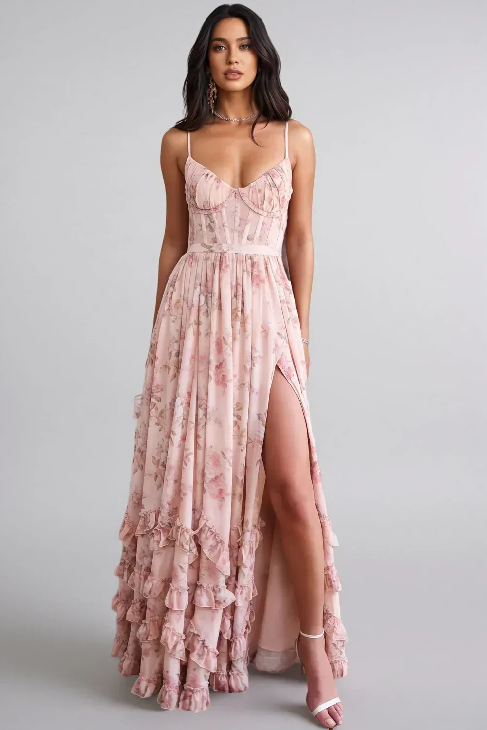 Floral maxi dress with sweetheart neckline, spaghetti straps and ruffled split skirt