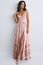 Floral maxi dress with sweetheart neckline, spaghetti straps and ruffled split skirt