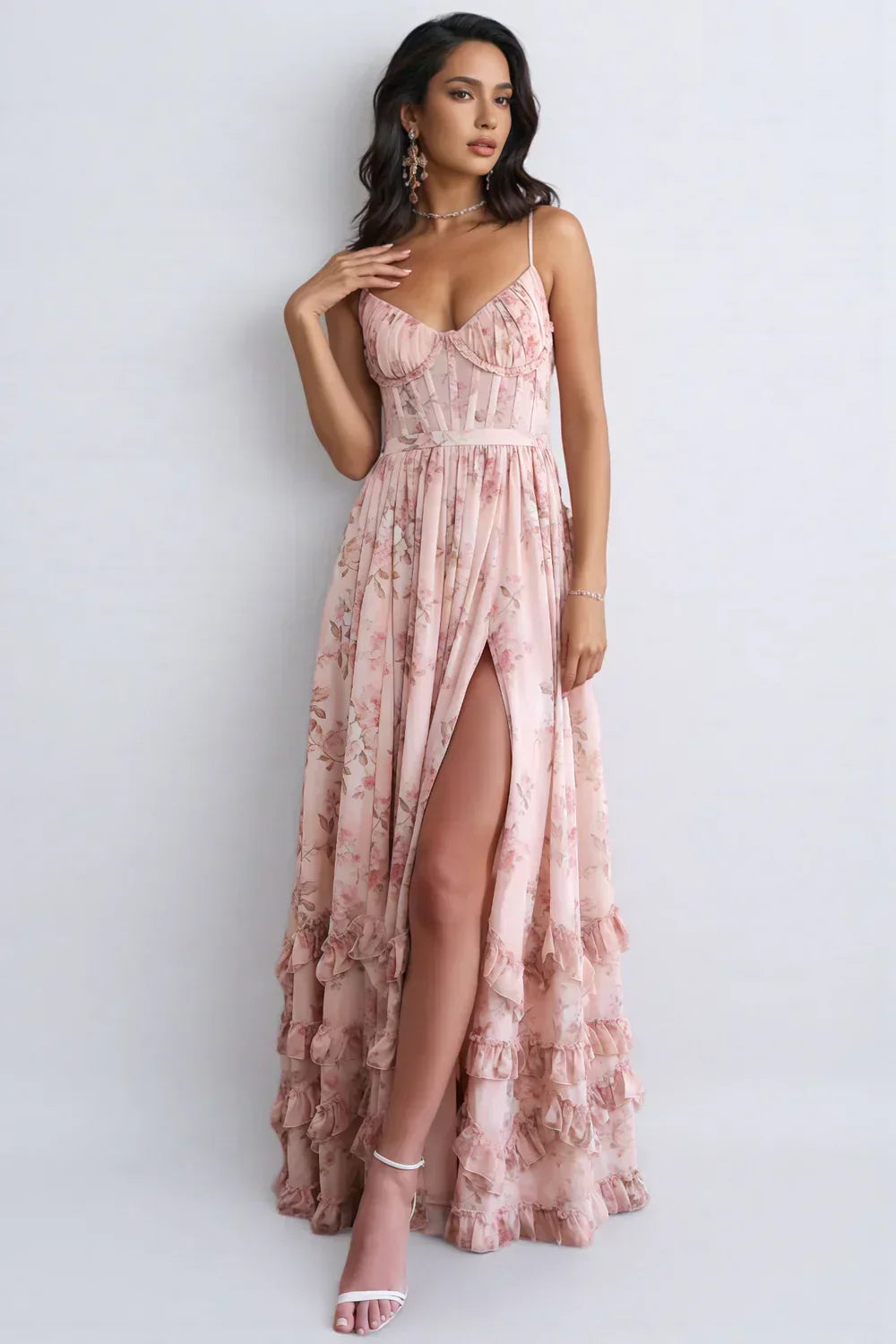 Floral maxi dress with sweetheart neckline, spaghetti straps and ruffled split skirt