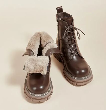 Women's lace-up combat boots with plush-look fur collar