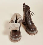 Women's lace-up combat boots with plush-look fur collar