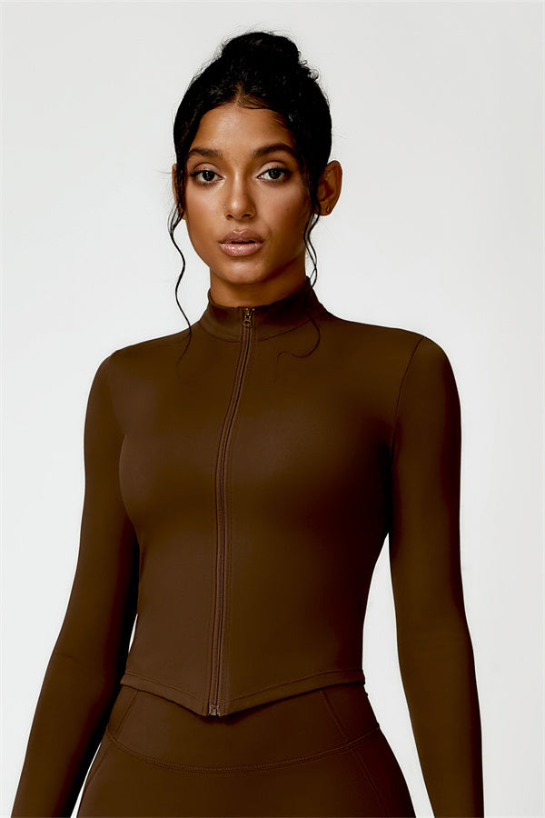 Women's fitted cropped jacket with high collar and front zip