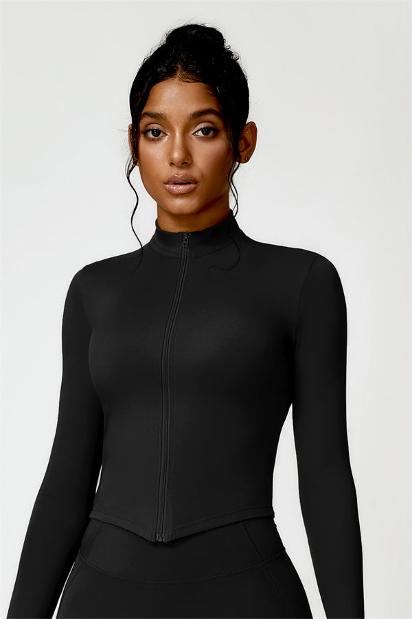 Women's fitted cropped jacket with high collar and front zip
