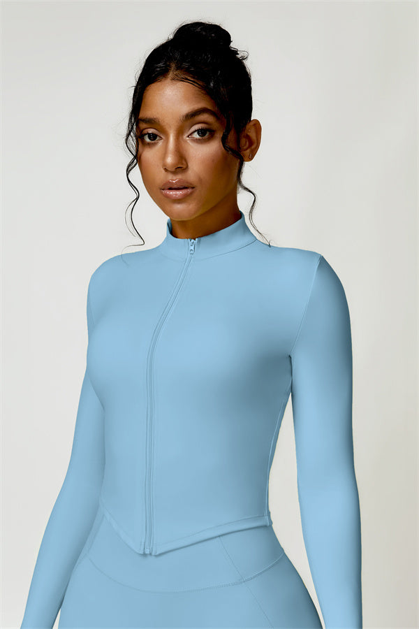 Women's fitted cropped jacket with high collar and front zip