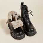 Women's lace-up combat boots with plush-look fur collar