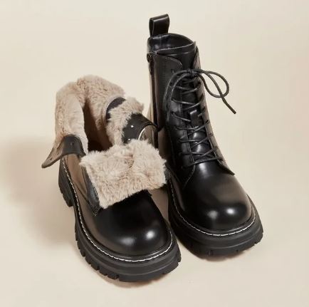 Women's lace-up combat boots with plush-look fur collar
