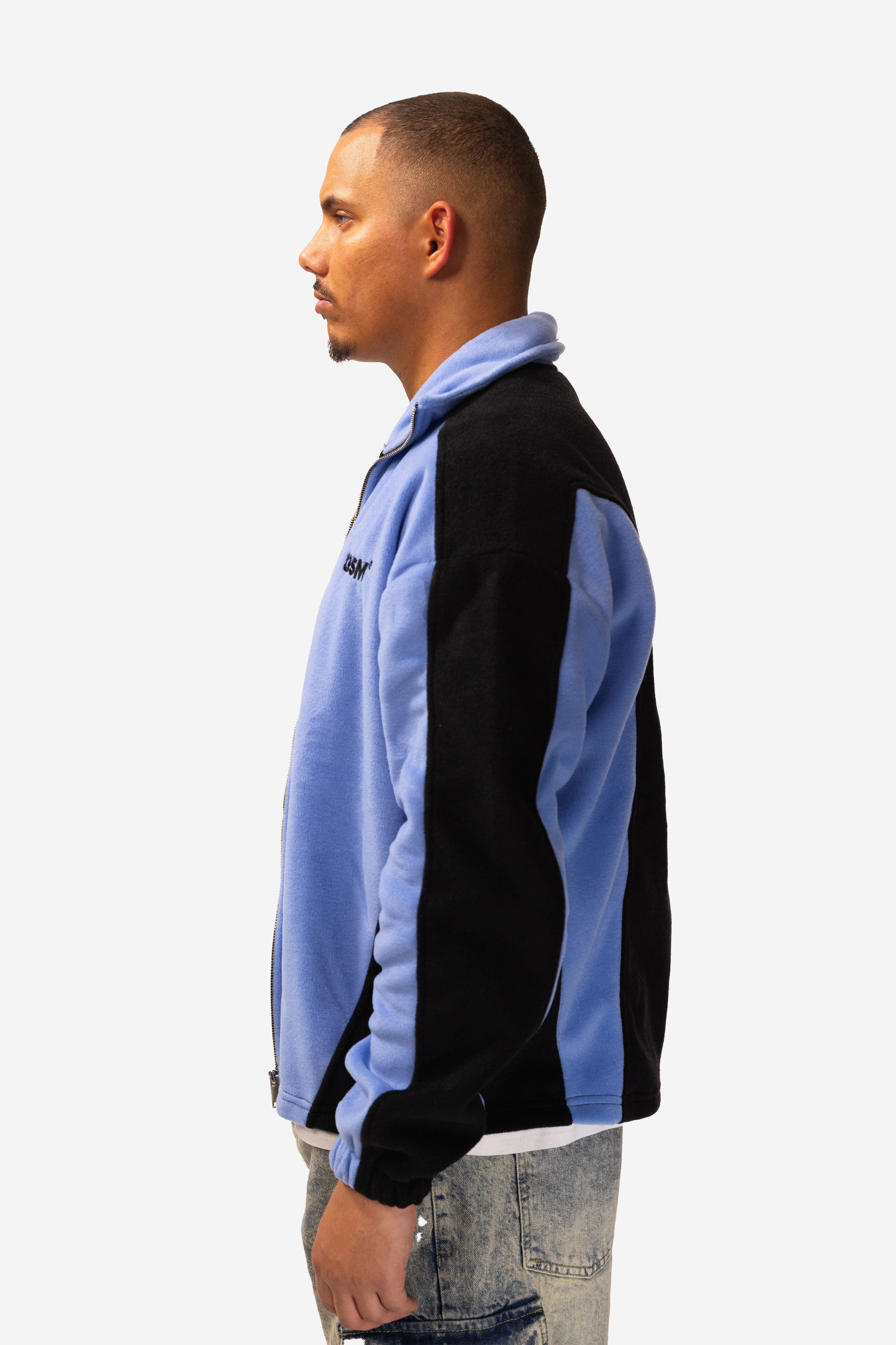 Men's blue fleece jacket with black panels, hood and zip front