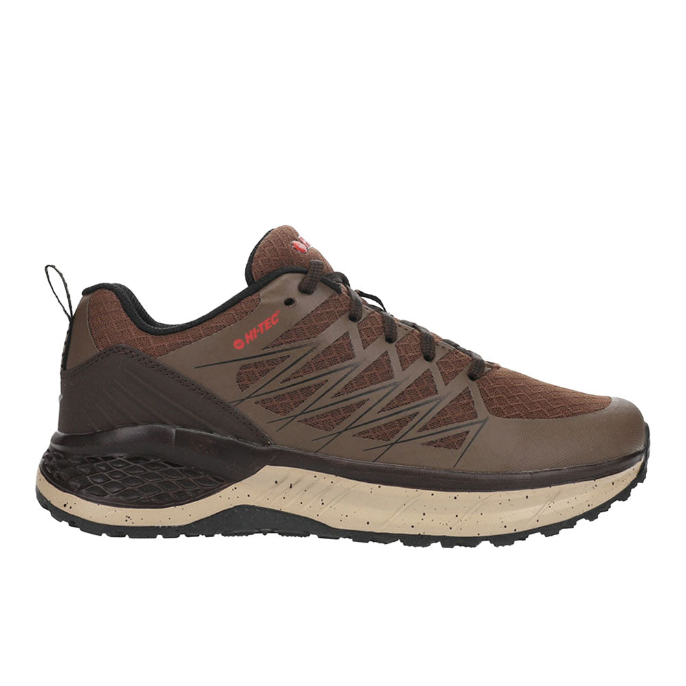 Brown low trail running shoe with lace-up front, layered panels and cream midsole