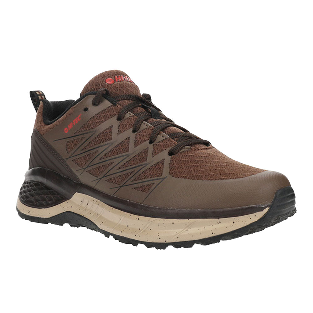 Brown low trail running shoe with lace-up front, layered panels and cream midsole