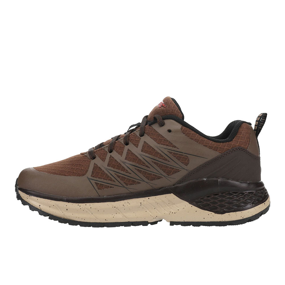 Brown low trail running shoe with lace-up front, layered panels and cream midsole