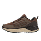 Brown low trail running shoe with lace-up front, layered panels and cream midsole