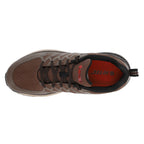 Brown low trail running shoe with lace-up front, layered panels and cream midsole