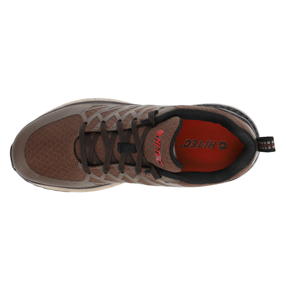 Brown low trail running shoe with lace-up front, layered panels and cream midsole